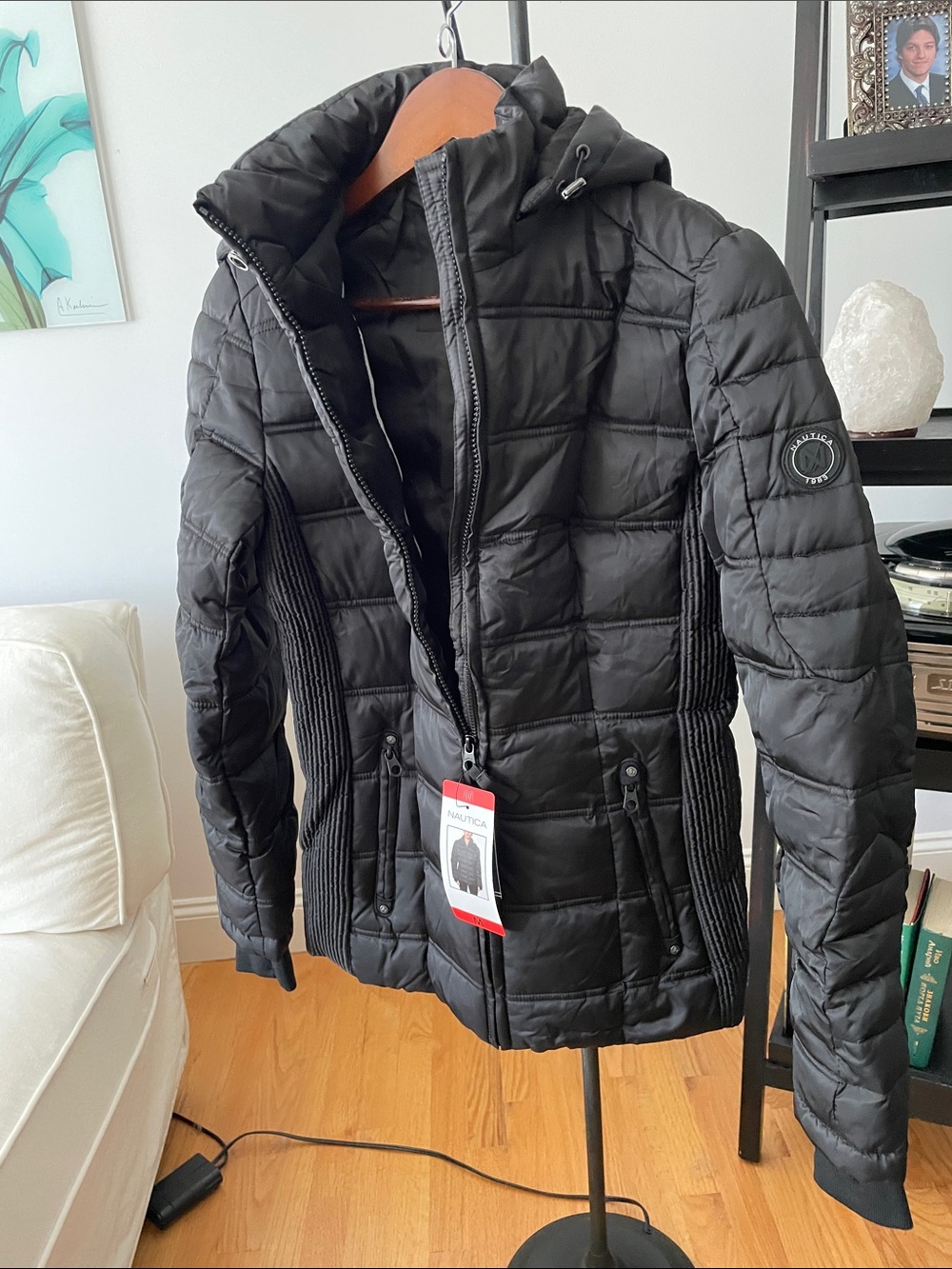 Nautica Women's Black Quilted Hooded Puffer Jacket with Ribbed Side Panels